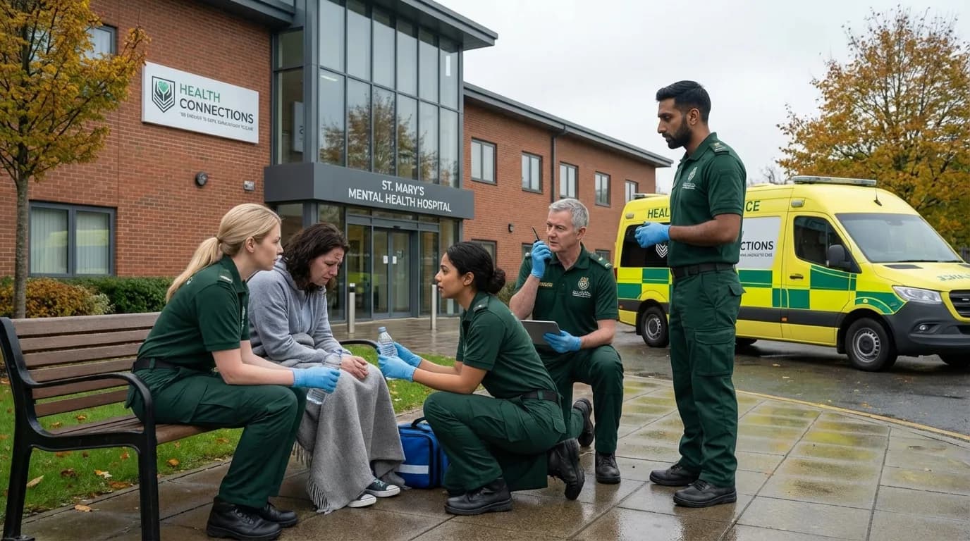 Patient transport crew with ambulance