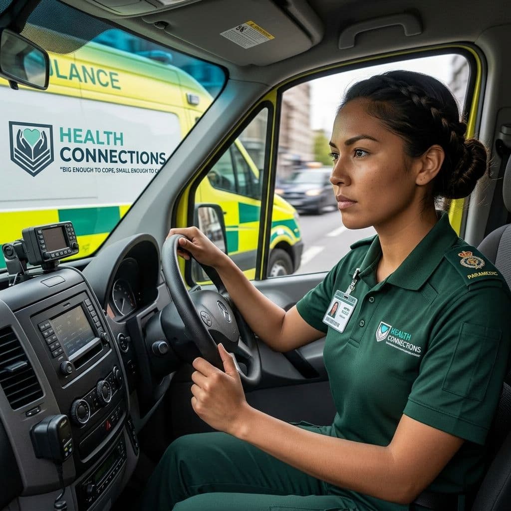 Health Connections crew member driving ambulance
