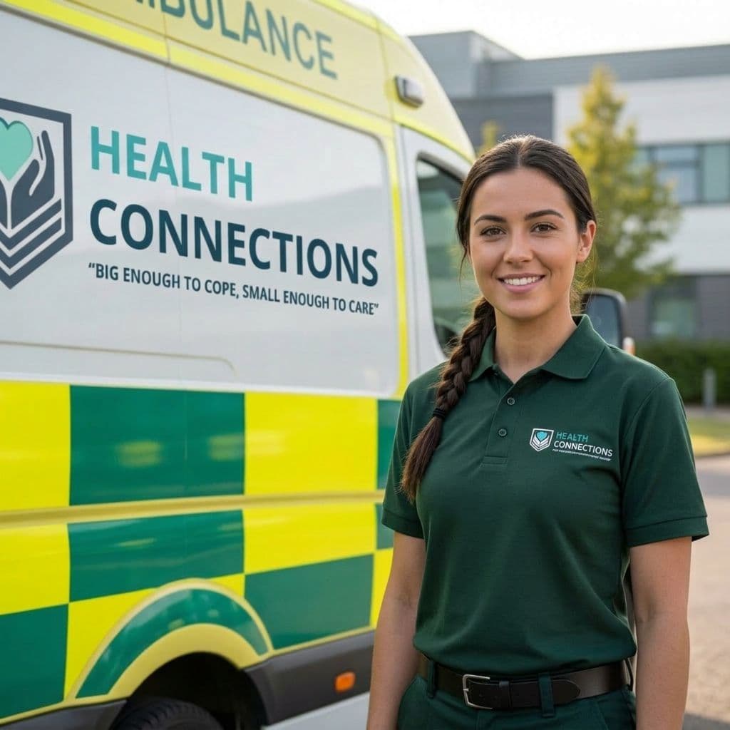 Health Connections crew member with branded ambulance