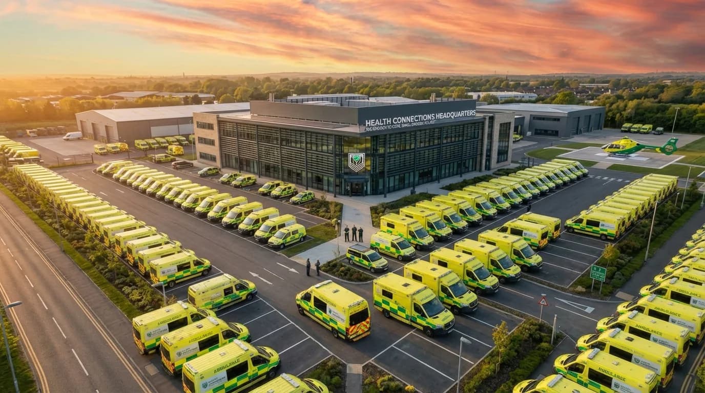 Health Connections HQ — aerial sunset view with full ambulance fleet